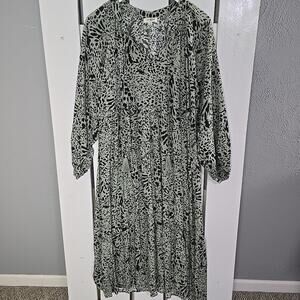Umgee Midi Green Black Leopard‎ Dress Medium Tiered Ruffle Boho Safari
